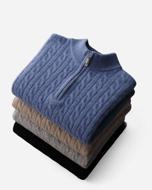 100% CASHMERE WOVEN HALF ZIP